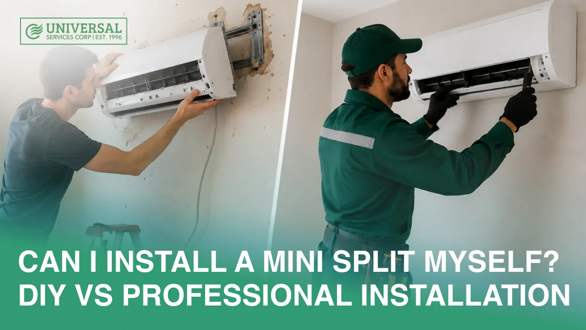 DIY vs professional mini split installation comparison showing homeowner and HVAC technician installing indoor units