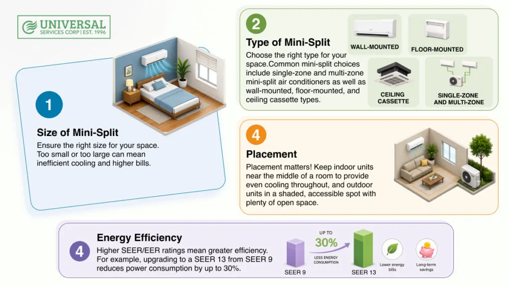 mini split installation planning guide showing sizing, system type, placement, and energy efficiency factors