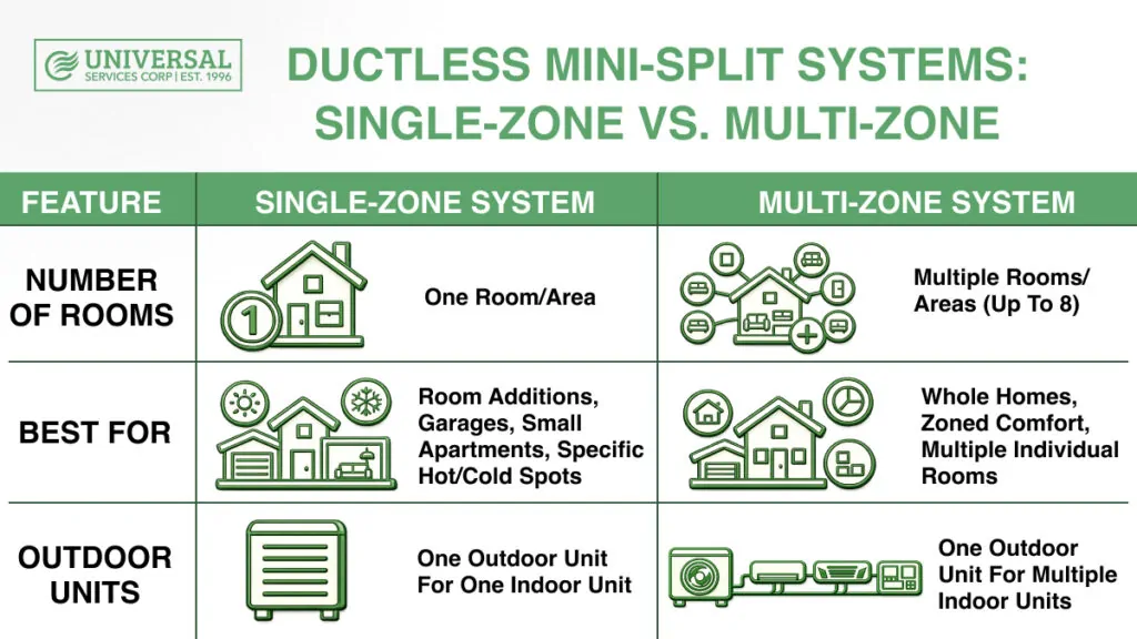Single zone vs multi zone mini split comparison showing system setup, room coverage, and installation cost differences