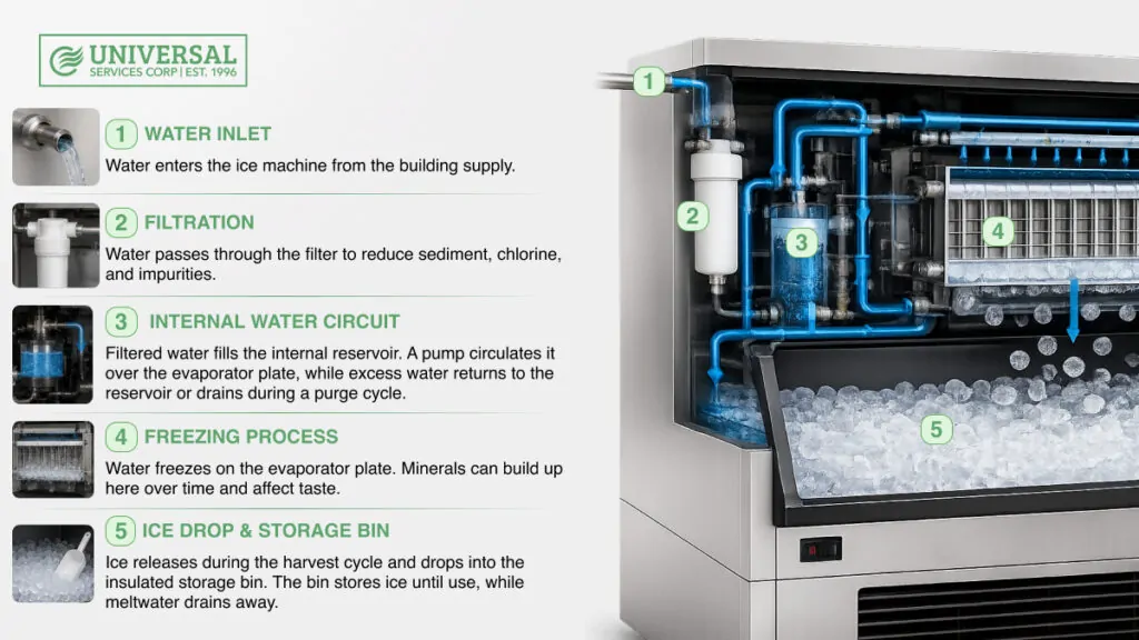 commercial ice machine water filtration and ice production process