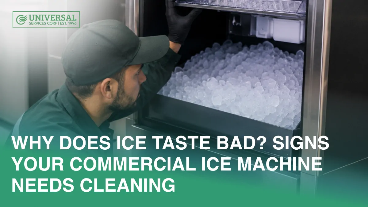 Technician inspecting a commercial ice machine with bad-tasting ice
