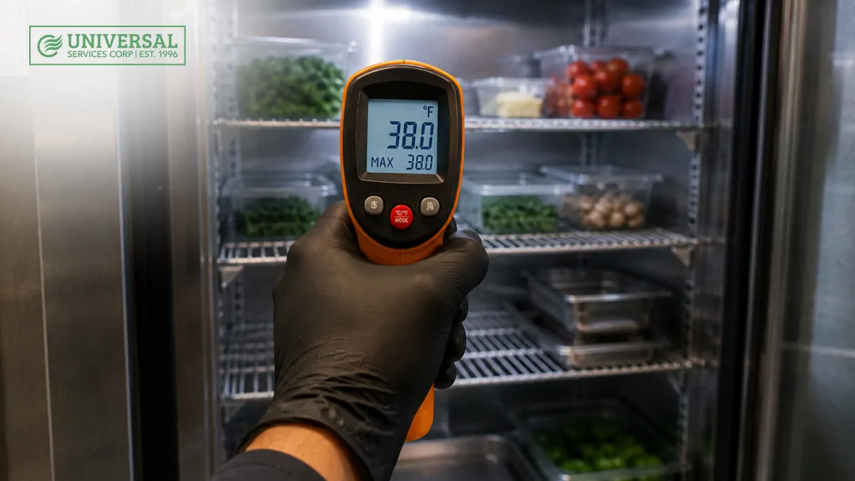 Commercial refrigerator temperature check using an infrared thermometer inside a cold storage room