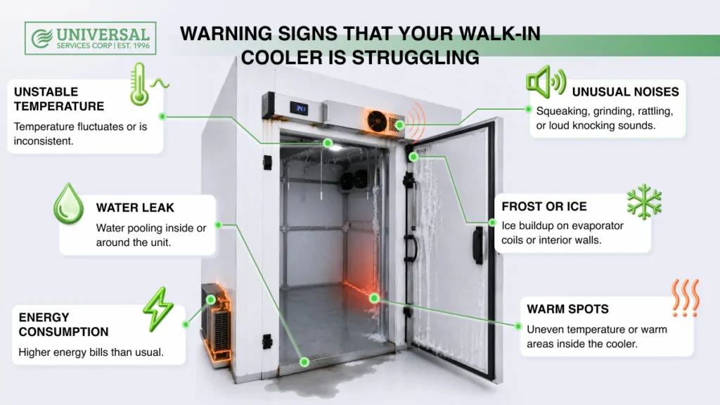 Warning signs that a walk-in cooler is not cooling properly