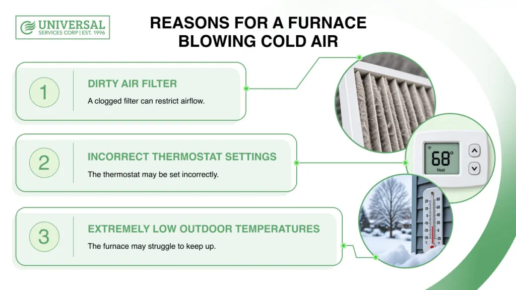 Common reasons a furnace is blowing cold air, including a dirty filter, thermostat issues, and low outdoor temperatures