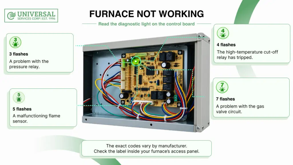 Furnace control board diagnostic light codes used to troubleshoot a furnace not working