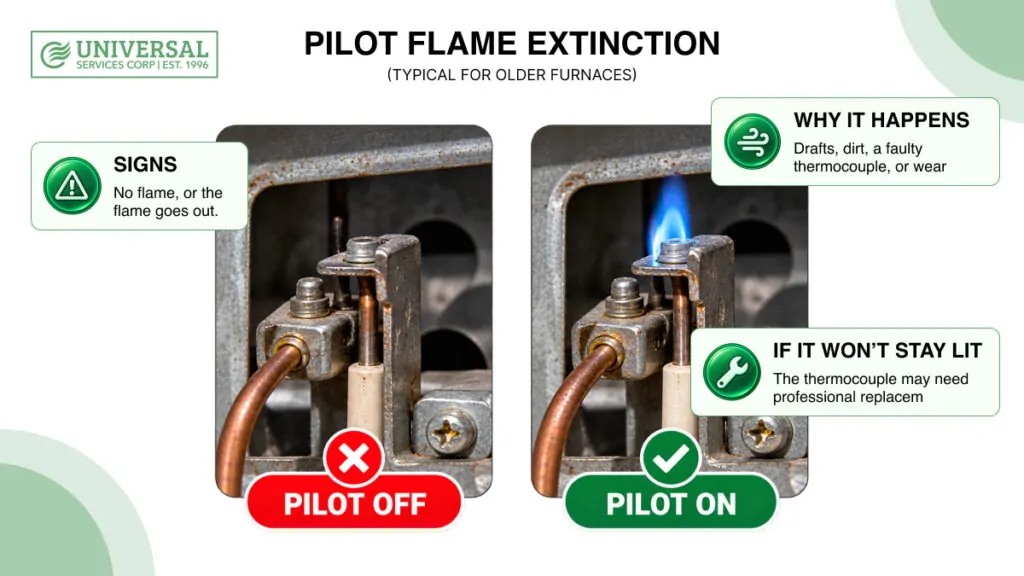 Older gas furnace pilot light off and on, showing a common cause of a furnace blowing cold air