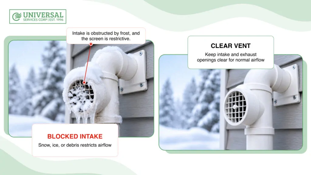 Blocked furnace air intake covered with frost compared with a clear vent for proper airflow