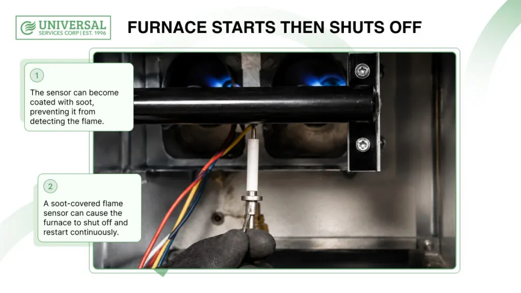 Technician inspecting a furnace flame sensor that can cause the furnace to start and then shut off