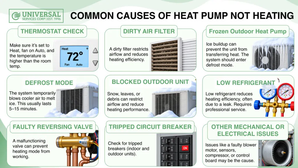 Nine common reasons a heat pump is not heating, including thermostat, frozen outdoor unit, low refrigerant, and electrical problems