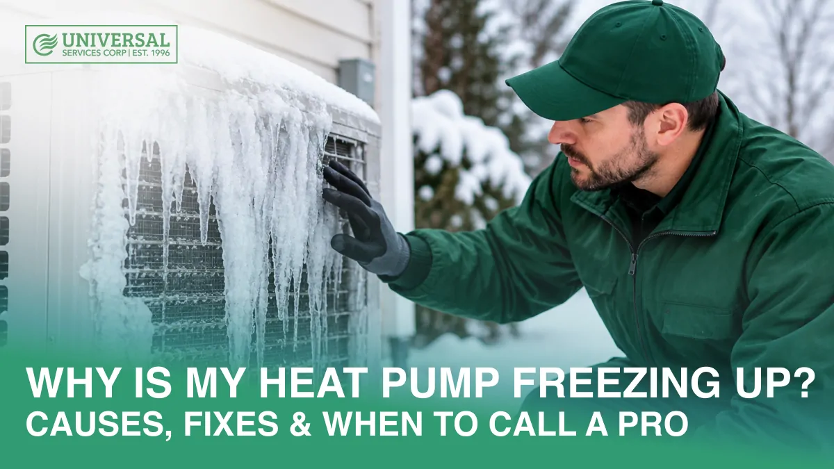 HVAC technician inspecting a frozen heat pump outdoor unit covered in ice during winter